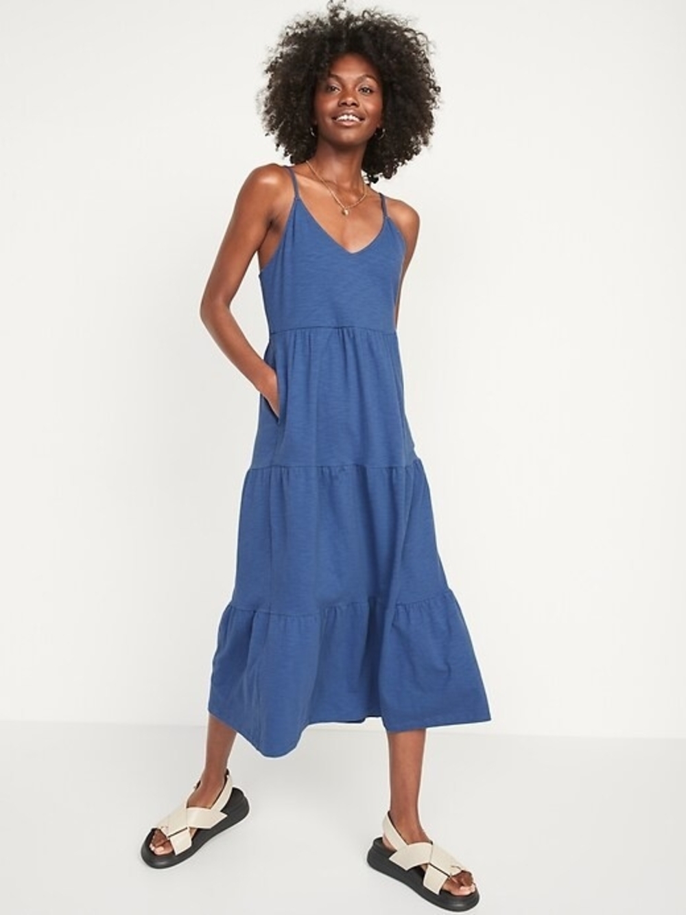 Old Navy Blue Tiered V-Neck Spaghetti Strap Midi Dress